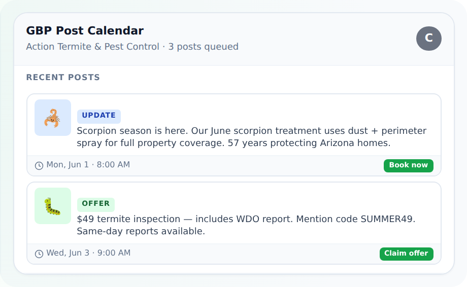 Generate a full month of Google Business Profile posts with Claude. Content calendar, post types, and scheduling strategy.
